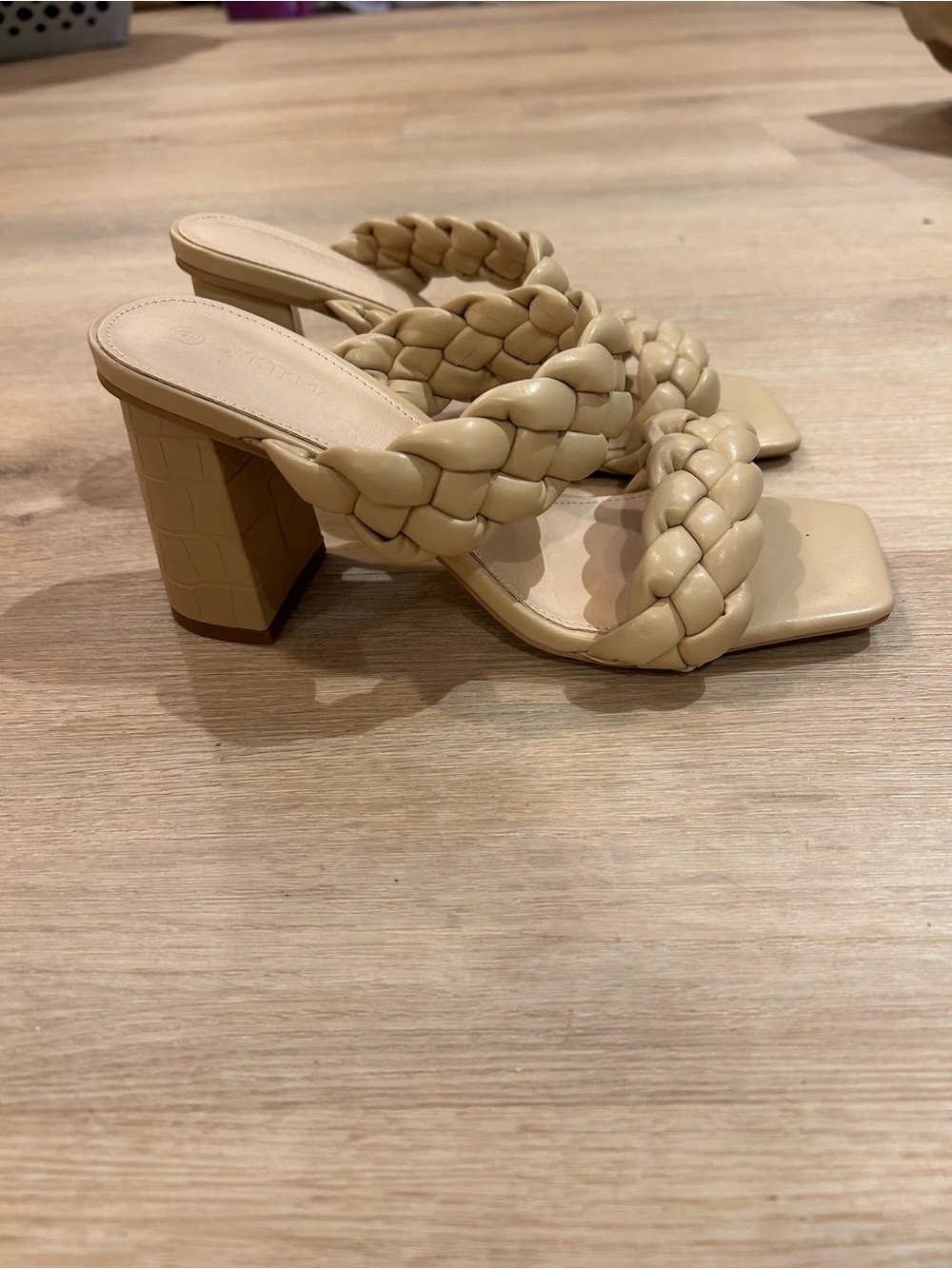 Braided Two-Strap Block Heel Sandals in Beige